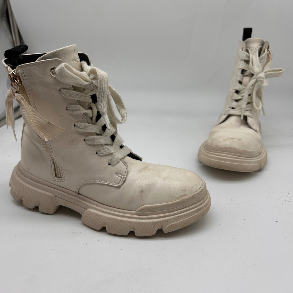Geox Respira Girls Off White Leather Chunky Lug Sole Combat Boots Zip US 1